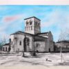 Eglise de Chazelles suir papier Arches 300g -aquarelle et encre de Chine - 50x70 encadrée -150€